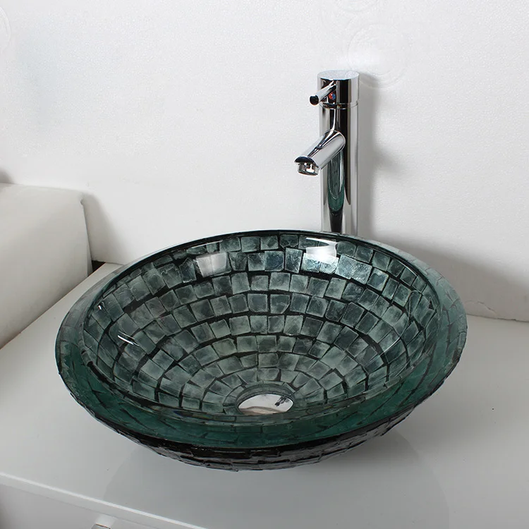 Bathroom Vessel Sink Tempered Glass Double Basin Bowl with waterfall Faucet