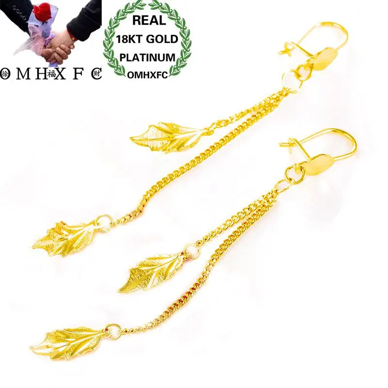 OMHXFC Wholesale European Fashion Woman Girl Party Wedding Gift Leaves Long Tassel 18KT Gold Drop Earrings ER18