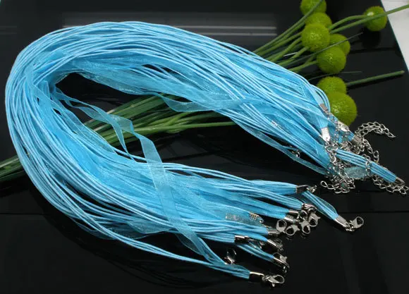 

Free Shipping 100pcs Aqua Blue Lobster Clasp Organza Ribbon Waxen Cord String Necklaces 17"