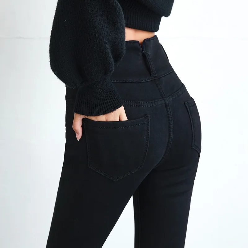 Women High Waist Velvet Thick Jeans Female Winter Skinny Stretch Warm Jean Pants Mom Black Denim Trousers With Fleece