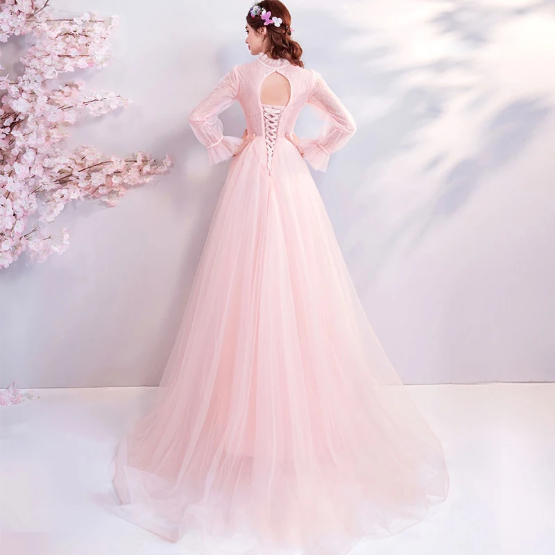 Licht Roze Prom Jurken O-hals Illusion Lange Mouwen Volledige Lengte Kant Applicaties Lange Prom Gown vestido longo festa gala In voorraad