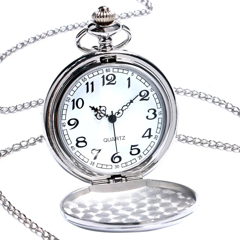 Montre de poche à couvercle lisse en argent pour hommes et femmes, montre à Quartz, avec collier, cadeau de rentrée scolaire, nouvelle collection 2018