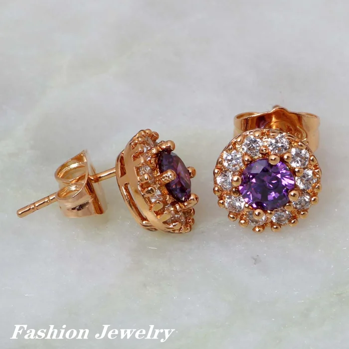 Garilina Fine Jewelry Sets Purple Zircon White Clust Purple crystal Gold Plated Pendant Necklace/Stud Earrings for Women Girls