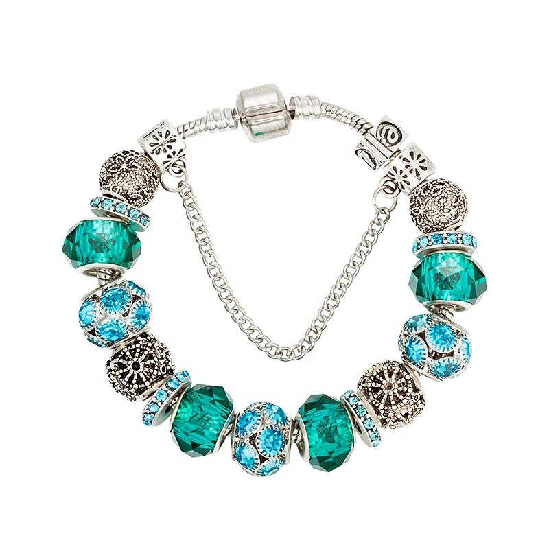 ANNAPAER High Quality Blue Crystal Bracelet with Green Murano Beads Charm Fit Pan Original Bangles for Women DIY Jewelry B16088