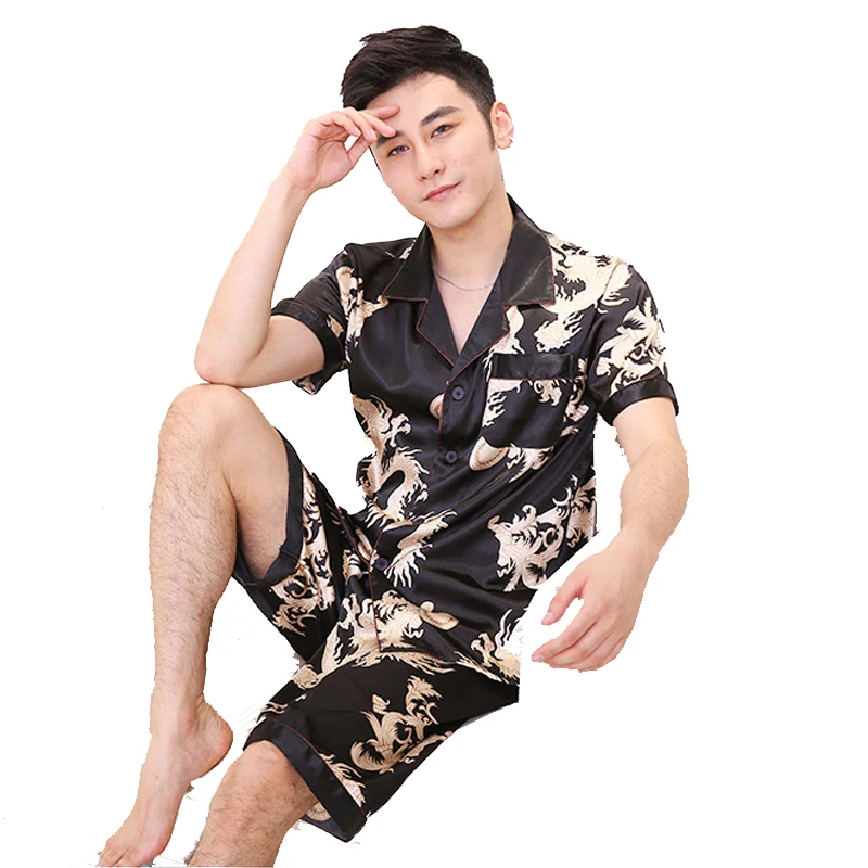 2018 Summer New Men's 2PCS Short Sleeve&Short Pant Pyjamas Set Chinese Vintage Print Dragon Nightwear Size L XL XXL  D128-016