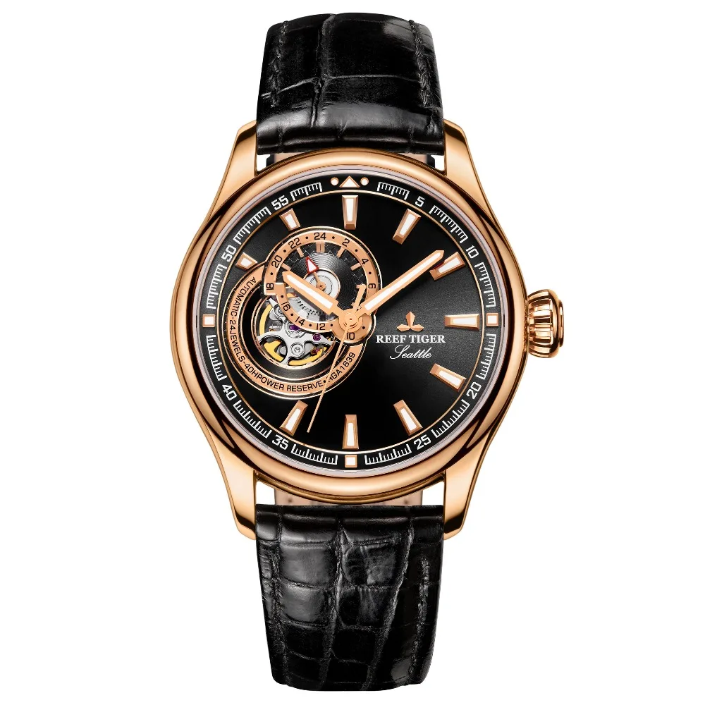 Reef Tiger/RT Mens Watch Top Brand Luxury Tourbillon Watches Genuine Leather Strap Rose Gold Watches Relogio Masculino RGA1639