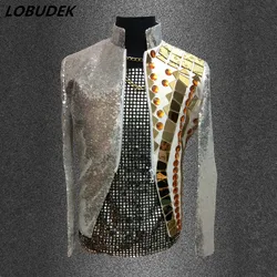 Gold Mirror Crystals Men Blazers Shining Sequins Stand Collar Zipper Coat Singer Dancer Performance Rock Nightclub Bar Costume