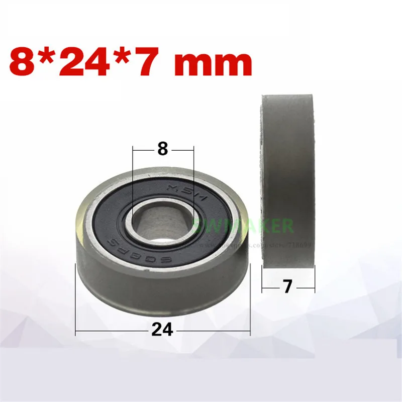 10pcs 8*24*7mm 608 bearing wrapped rubber wheel, mute roller/bearing sliding, PU soft rubber, Mishmi flat guide wheel