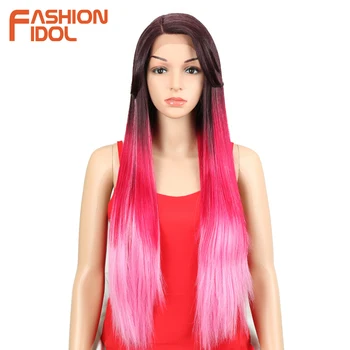 Moda ídolo perucas sintéticas para mulheres negras cabelo reto longo 32 Polegada ombre vermelho l perucas de renda cabelo sintético fibra resistente ao calor