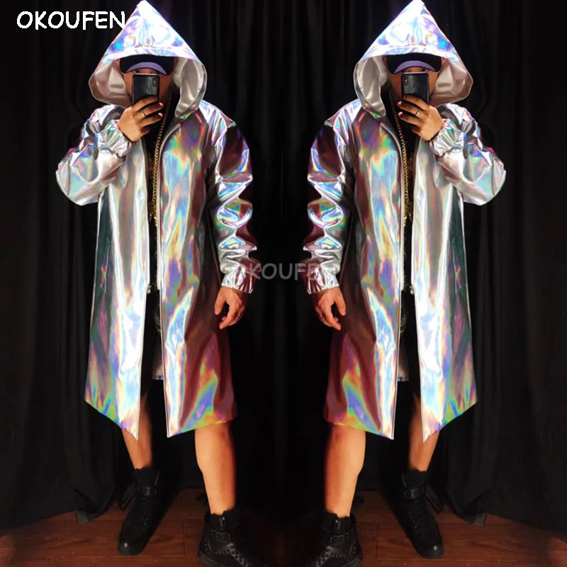 

New Cool Men Siver Laser Long Jacket Costumes Nightclub Bar Male singer Loose coat stage show performance outwear