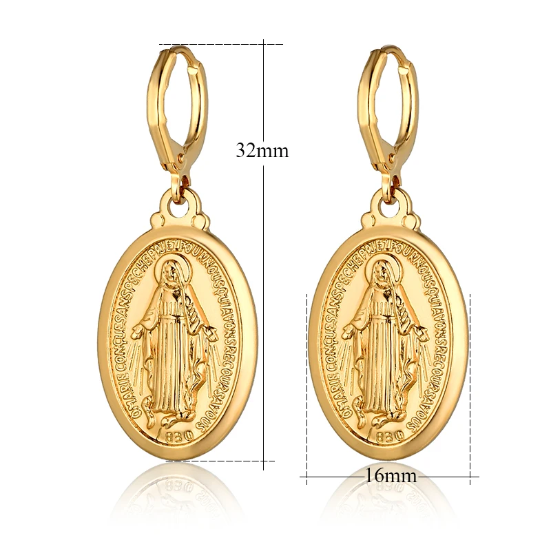 Gold Color Virgin Mary Cross Drop Dangle Earrings For Women Wholesale Ladies Earrings Religious Christian Jewelry Brincos