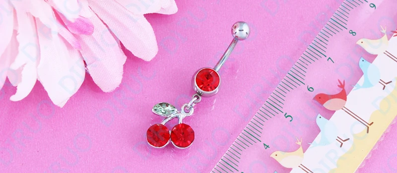 Red Cherry Dangle Rhinestone 316L Steel Navel Belly Ring Body Piercing Jewelry belly button ring nickel-free