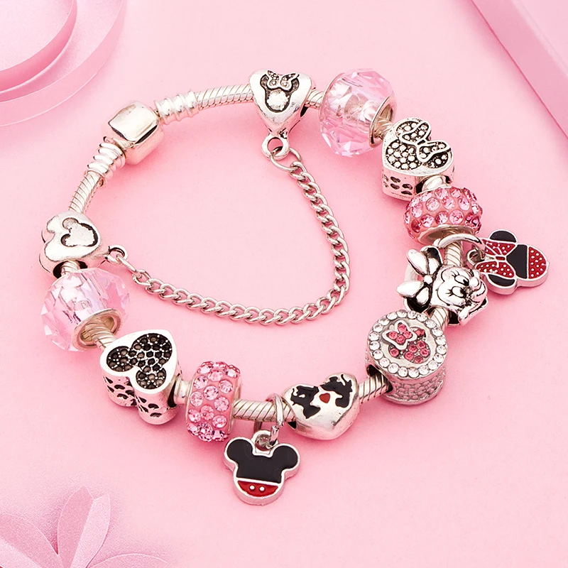 Disney New Design Lovely Pink Crystal Bead Charm Bracelets Colorful Enamel Handmade Diy Charm Bracelet for Women