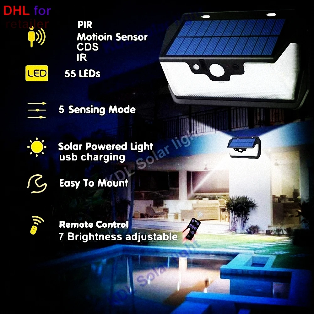 

55 LED 900lm Solar Light remote control radar smart 3 side lighting degree light Garden camp wall ip65 street lamp yard c