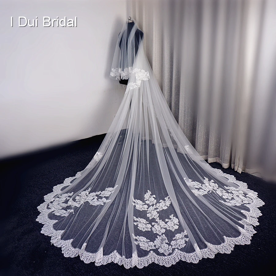 3 Meter Eyelash Lace Bridal Veil With Blusher Long Wedding with Metal Comb Attached