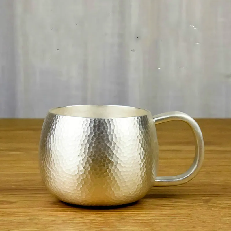 Sterling Silver 999 Covered Mug, Large Capacity, Silver Water Cup, Handmade Black Tea Coffee Cup Drinking Set