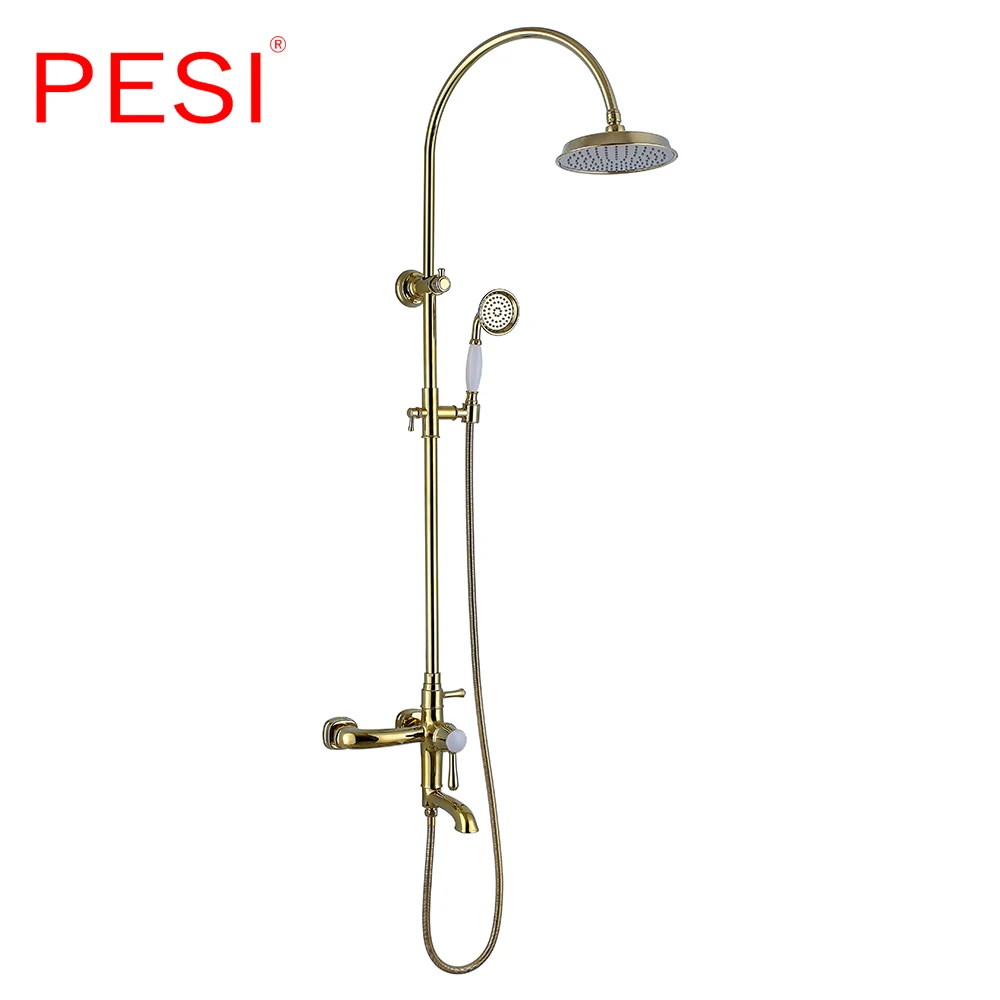 Luxury 1 set Bathroom Rainfall Shower Faucet Set Mixer Tap With Hand Sprayer Wall Mounted Wholesale Gold Round