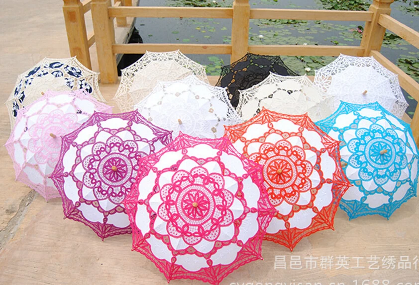 2018 hot Fashion Parasol Bridal Wedding Handmade Embroidered Cotton Black Lace Edge Sun Umbrella Bridal Party Decoration Cheap