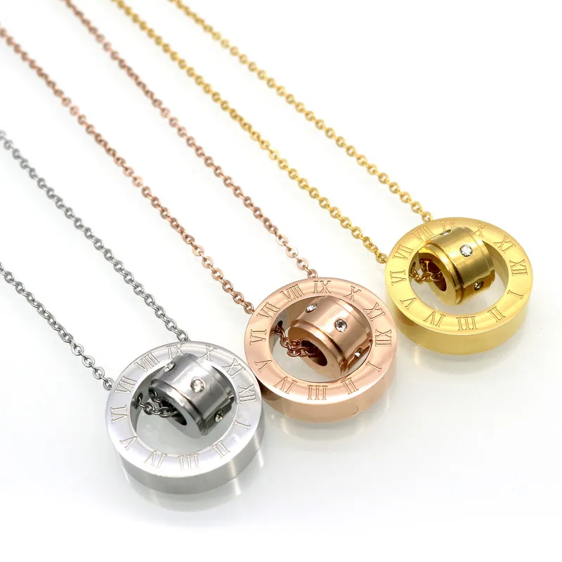 Fashion Brand Women Jewelry Gold Colour Roman Letter Ure Clear Simply Turnable Small Round Cubic Zirconia Pendant Necklace