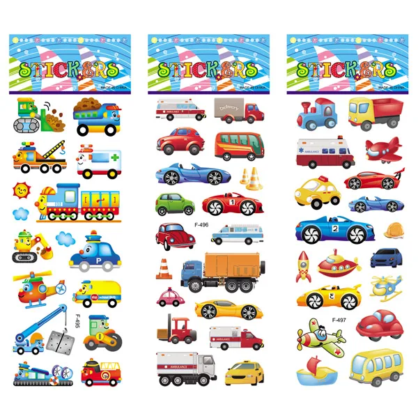 12 Different Sheets Cartoon Car Sticker 3D Stickers Toys Airplane Vehicles for Children Diary Notebook Decoration Gifts