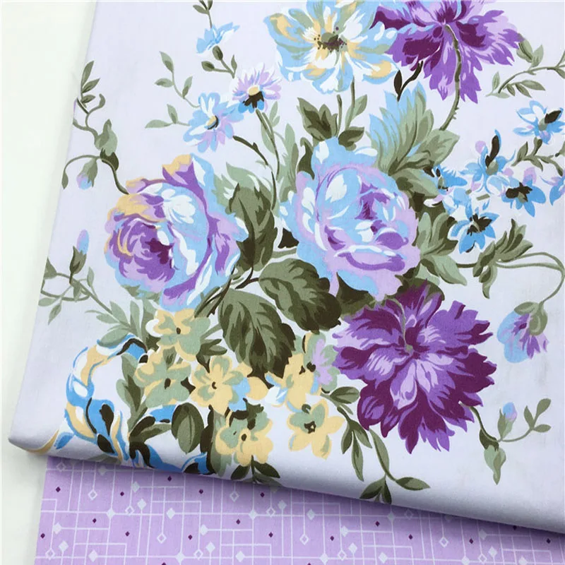 50x160cm Royal Purple Huge Rose Flowers & Purple Abstract Check Printed Cotton Fabric Floral Fabric For DIY Sewing Decoration