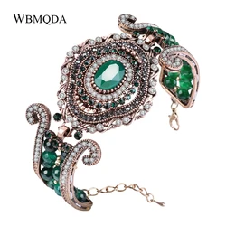 Wbmqda Luxury Vintage Wide Bracelet Green Natural Stone Crystal Beads Bangles For Women Antique Gold Statement Turkey Jewelry