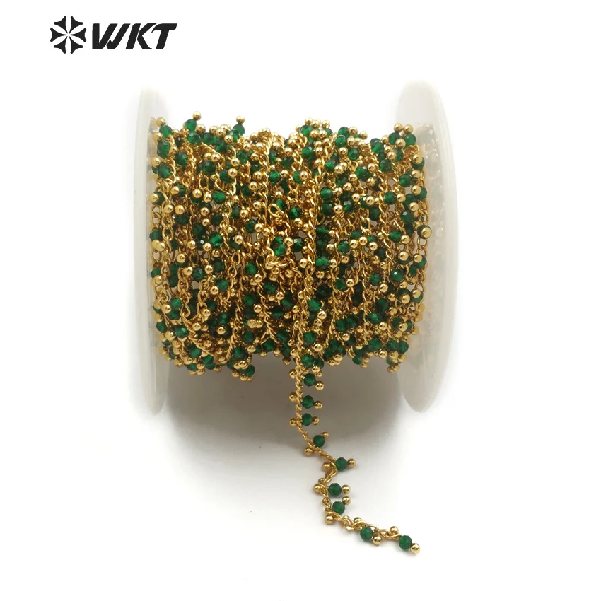 

WT-RBC093 Bulk Green Ja de Faceted Rondelle Beads Rosary Chains,Wire Wrapped Brass Plated For Making Vintage Necklace Bracelet