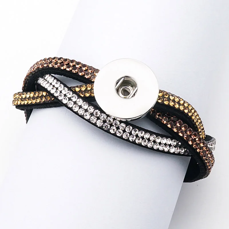 New Fashion 3 layers Crossed Rhinestone velvet Leather snap bracelet 21cm fit 18MM snap buttons jewelry SE0193 wholesale