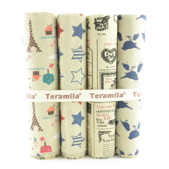 4 Pieces 50cmx50cm linen fabric fat quarters bundle shabby chic  rough zakka vintage design for diy carfts sewing  W3B6-17