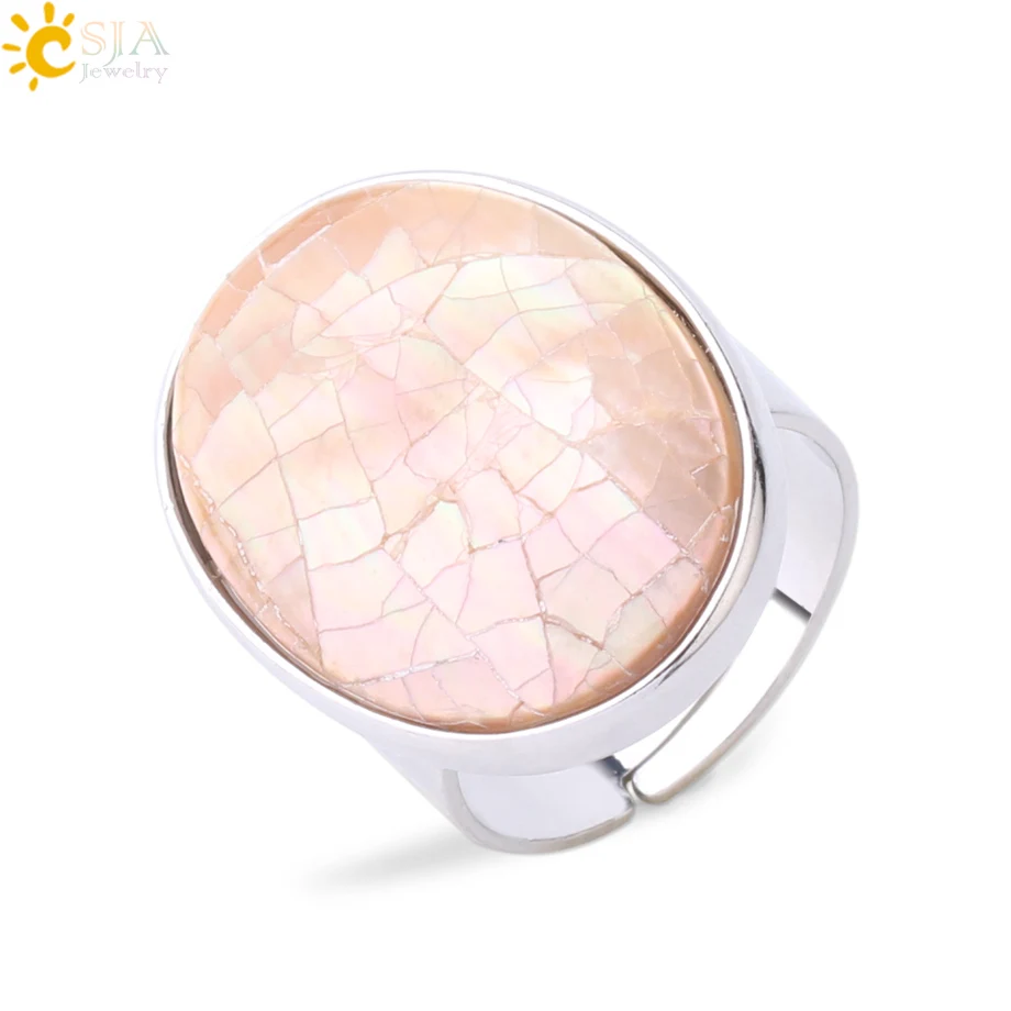 CSJA Natural Paua Shell Finger Rings Men Girl Mother of Pearl Abalone Shell Colorful Yellow Silver Color White Wedding Band F853