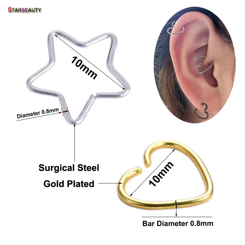 2Pcs Heart/Star Shaped Fake Tragus Piercings Hoop Helix Cartilage Tragus Daith Ear Studs Lip Nose Rings Silver Jewelry