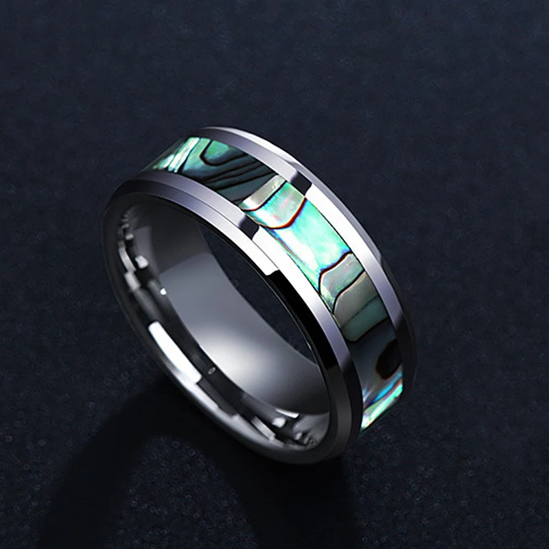 8mm Abalone Shell stainless steel rings Engagement Ring Rainbow Rippled Abalone Inlay Stainless steel ring