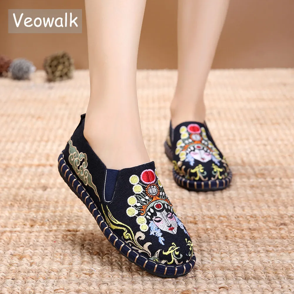 Veowalk Chinese Opera Embroidery Women Canvas Loafers Ladies Comfort Slip-on Flats Soft Cotton Embroidered Shoes