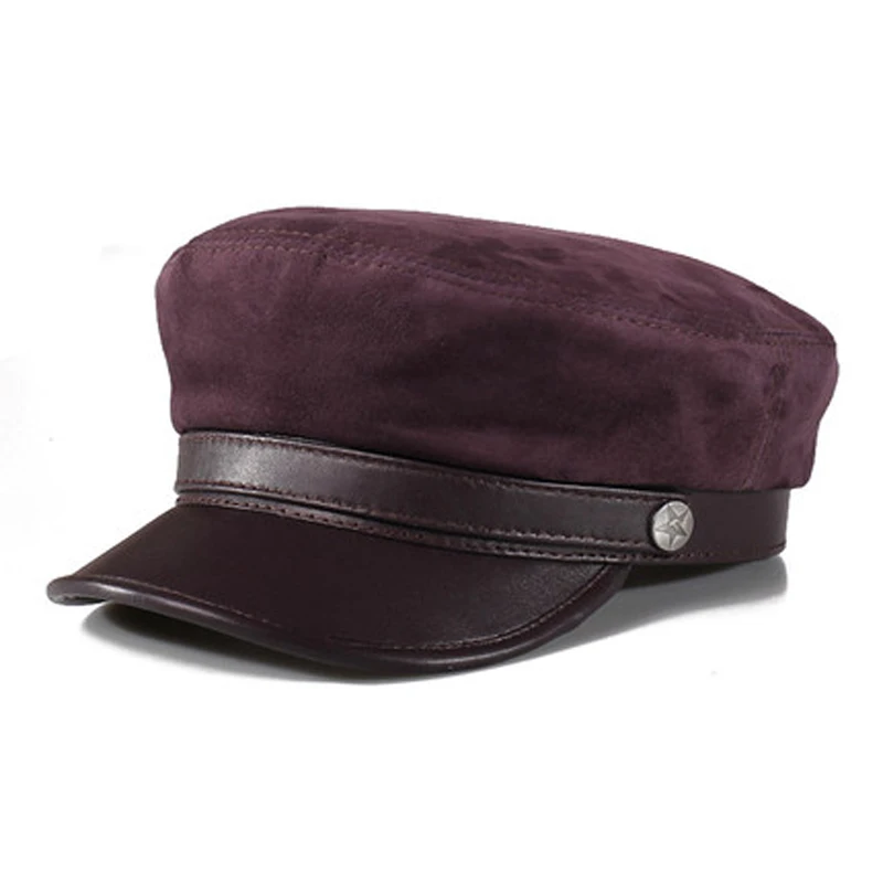 2023 Spring Genuine Leather Suede Sailing Hats For Men/Women Leisure Flat Navy Caps With Metal Belt Brown/Purple Soft Gorra