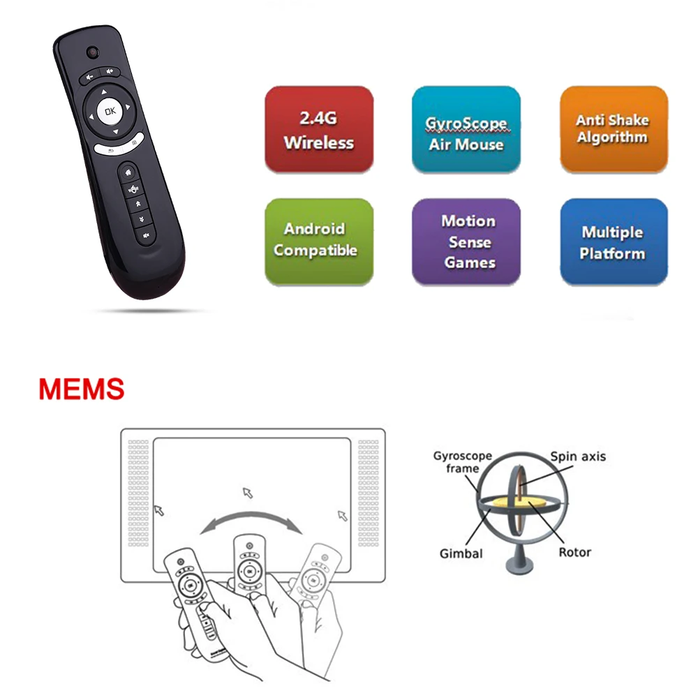 Touyinger T2 플라이 에어 마우스, 무선 원격 내장, PC 안드로이드 TV 박스, 안드로이드 프로젝터, 모션 감지 게이머용, 6 축, 2.4G