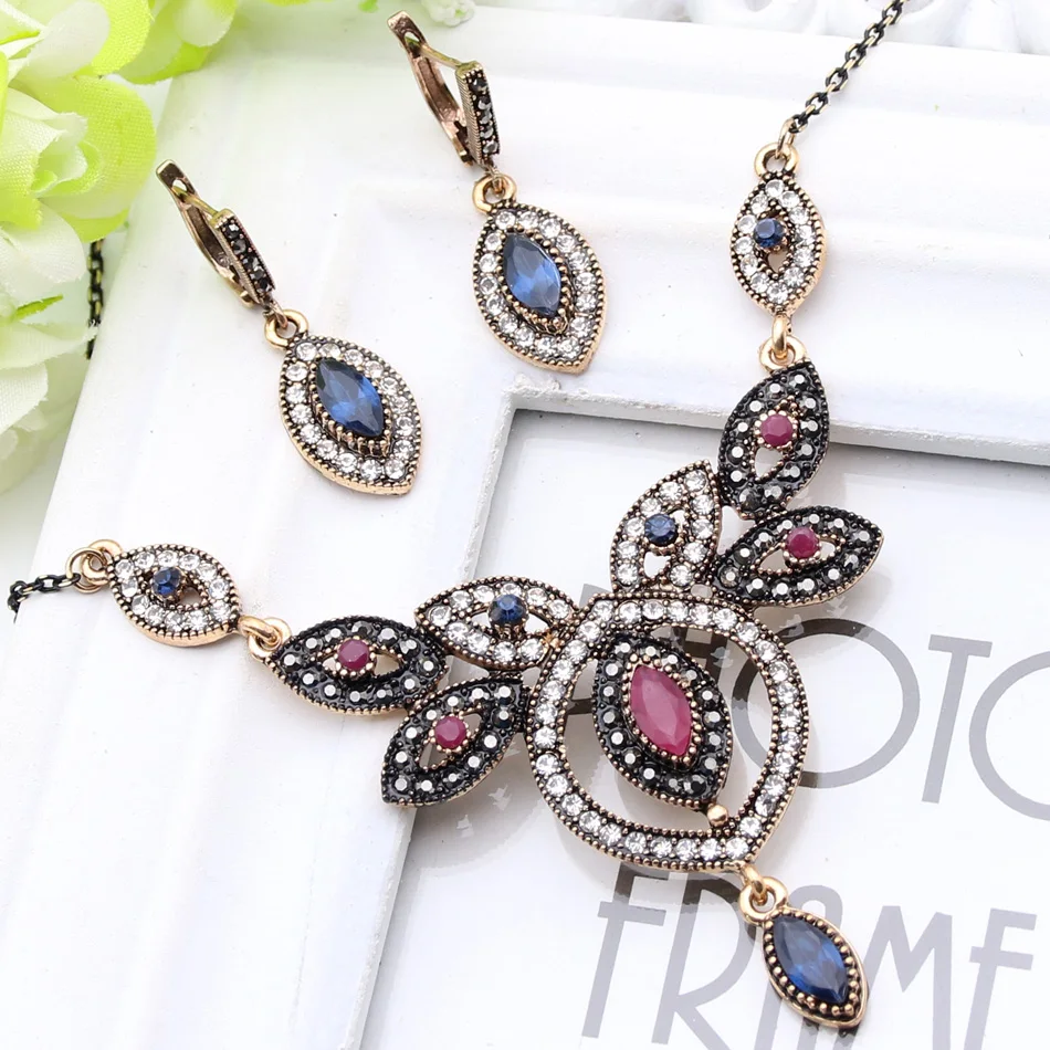 Sunspice Ms Vintage Turkse Vrouwen Bloem Ketting Earring Sieraden Sets Antieke Gold Kleur Resin Etnische Bohemen Bruiloft Sieraden