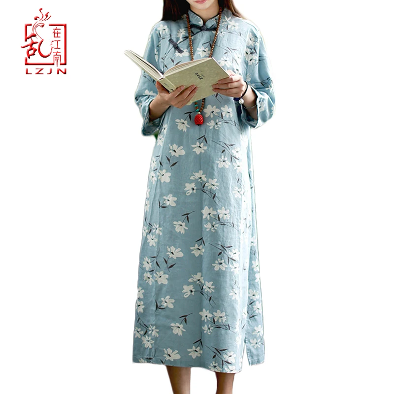 

LZJN Summer Women Dress Chinese Traditional Dresses Half Sleeve Mandarin Collar Floral Cheongsam Qipao