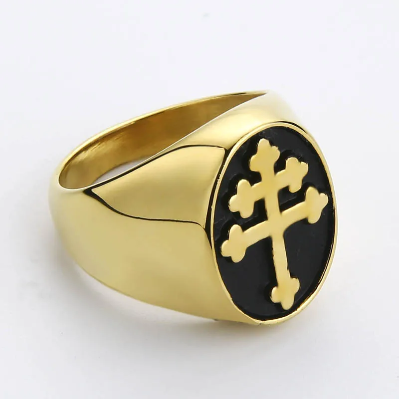 Men\'s Lorraine Cross Ring Gold Silver Color Titanium Stainless Steel Crux Vera Cross Rings for Men Punk Jewelry US Size 7 -14