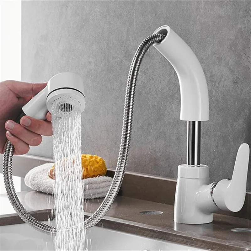 Bathroom Basin Faucets Brass Sink Mixer Tap Hot & Cold White Faucet Single Handle Pull Out Spray Nozzle Lavatory Crane Tap