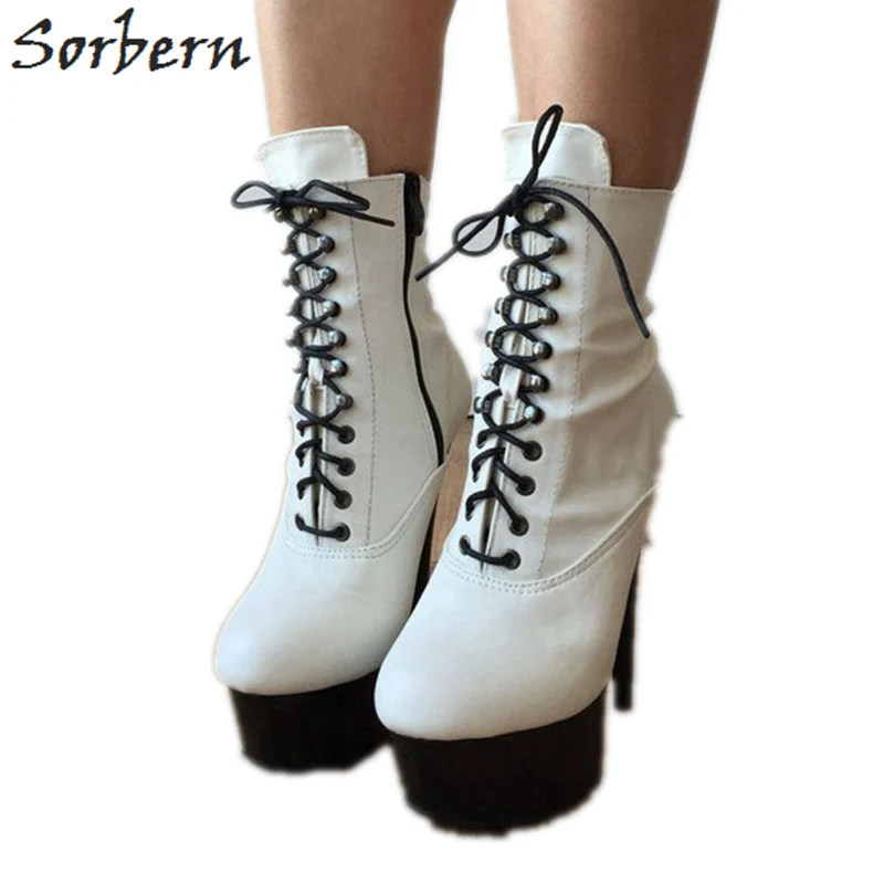 Sorbern White Ankle Boots Women Boots For Girls Punk Chunky Shoes Custom Reflective Boots Lace Up Punk Shoes Club Heels