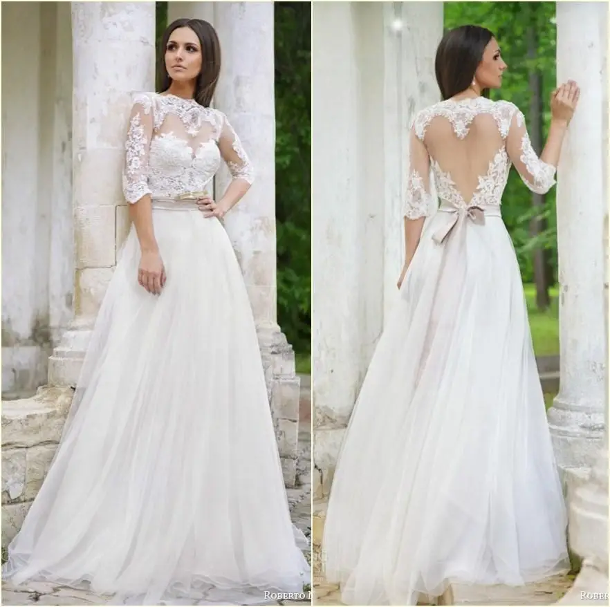 EINE linie Weiß Spitze Appliques 2021 Sehen Durch Backless Weiß Brautkleid Sweep Zug Halbe Hülse Hochzeit Kleider