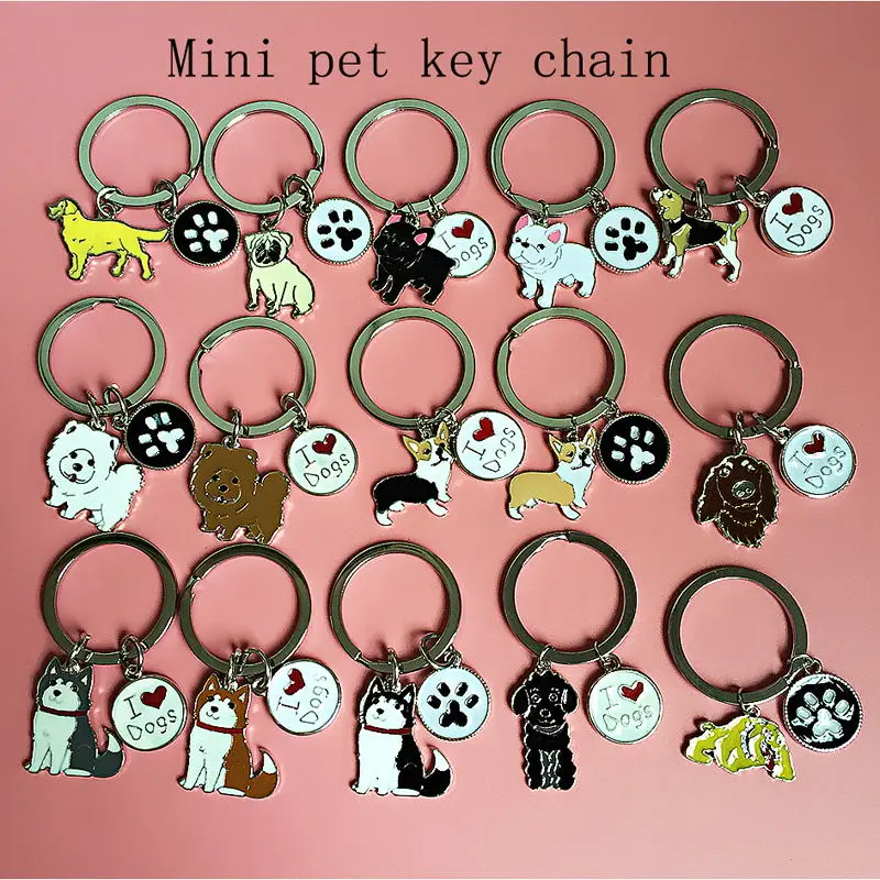 Mini Metal Dog Jewelry Samoyed Terrier Pug Dog Key Chain Key Ring Pom Gift For Women Girl Bag Charm Keychain Pendant Jewelry