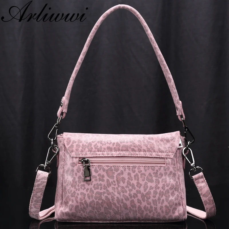 Arliwwi Brand Female Genuine Leather Shoulder Bag New Leopard Design Embossed Flap Small Messenger Handbags For Ladies