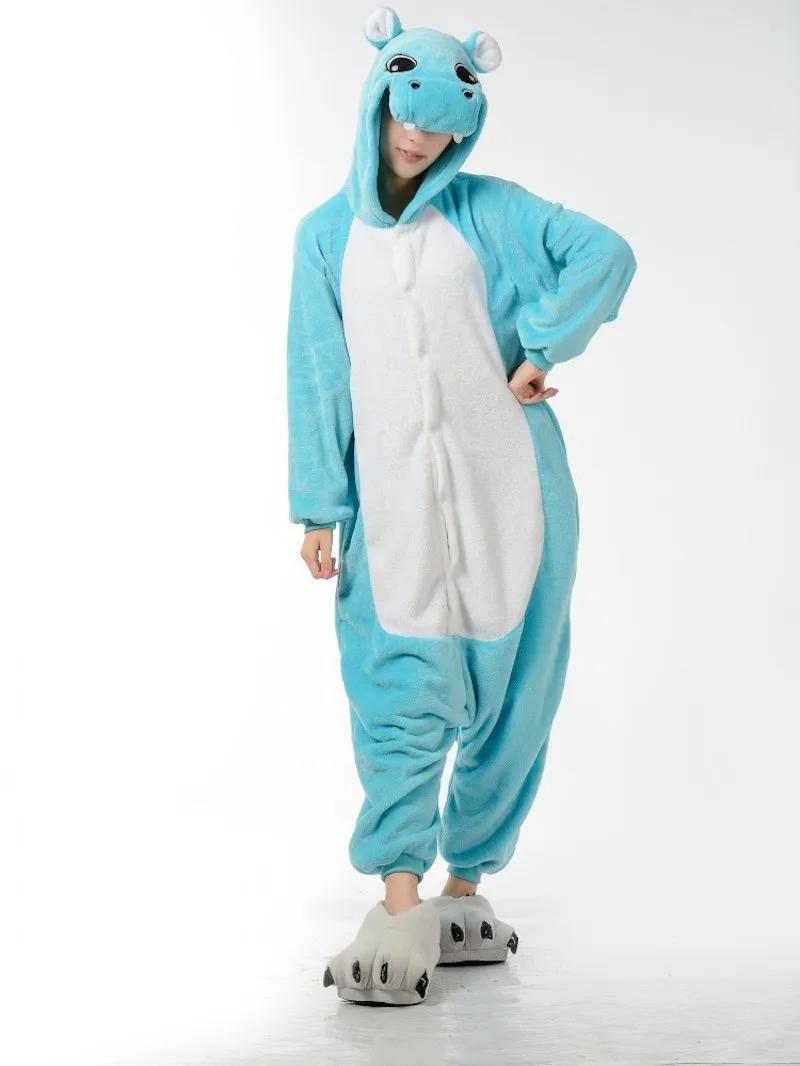 Blue Hippo animal Pajamas unisex adults flannel Onesies Winter warm Sleepwear robe cartoon pijamas Cosplay Costumes