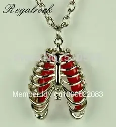 Gothic Anatomical Human Rib Cage Necklace Anatomy Medical Red Lung Pendant Long Chain Charm Punk