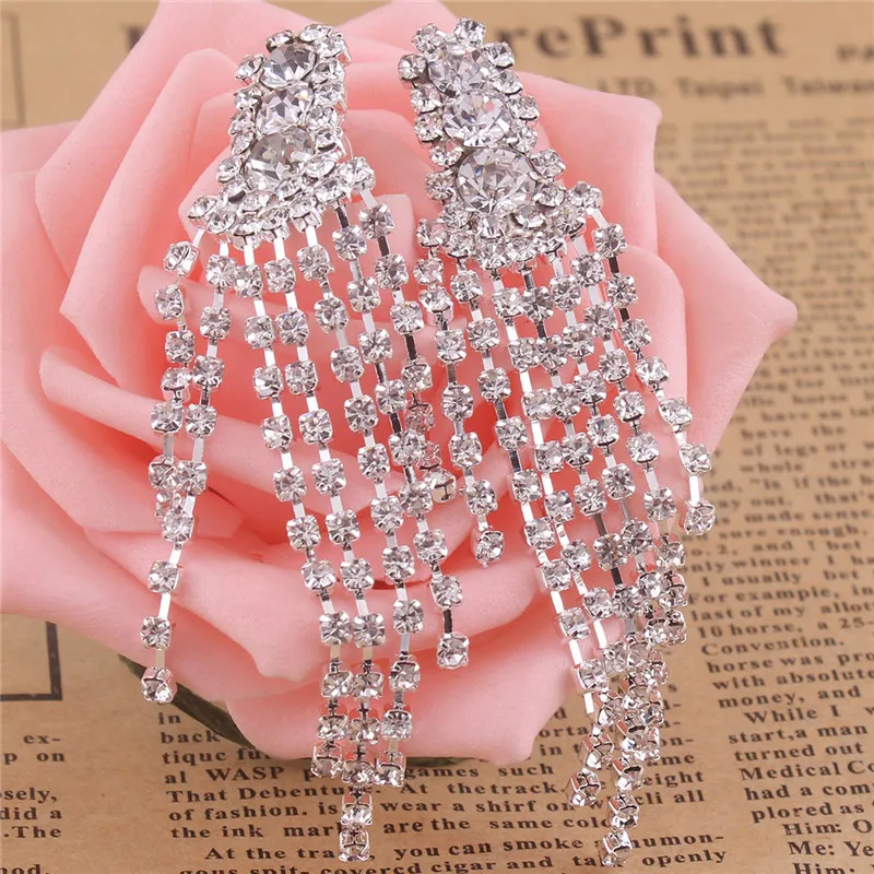 New Design Bridal Silver Plated Rhinestone 3 round Chandelier Shape Long Tassel Clip on Earrings Without Piercing for Women