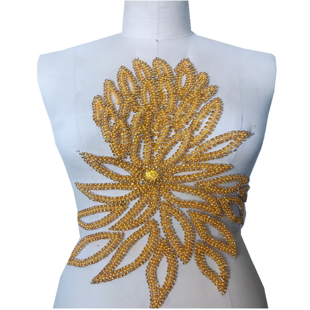 handmade 40*37cm golden rhinestones applique on mesh  sew on flower trim  patches for  dress accessory