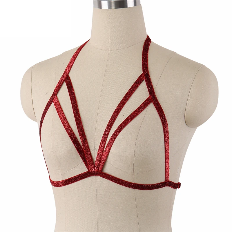 Sexy red clinquant open chest cage bra 90's cupless bralette crop top lingerie neck around elastic body harness O0245