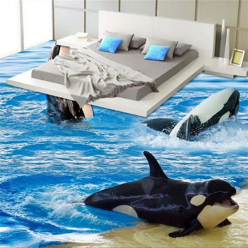 

Custom Flooring Decorations 3D Dolphin Spray Waves Self-adhesive floor tile painted flower path toilet bathroom bedroom flooring