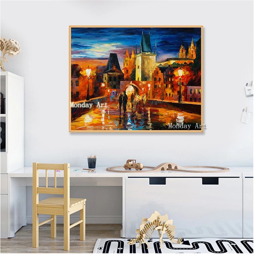 

Pop Art hand painted Romance Couple Rain Street Landscape Oil Painting on Canvas Modern art Wall Picture For Living Room bedroom